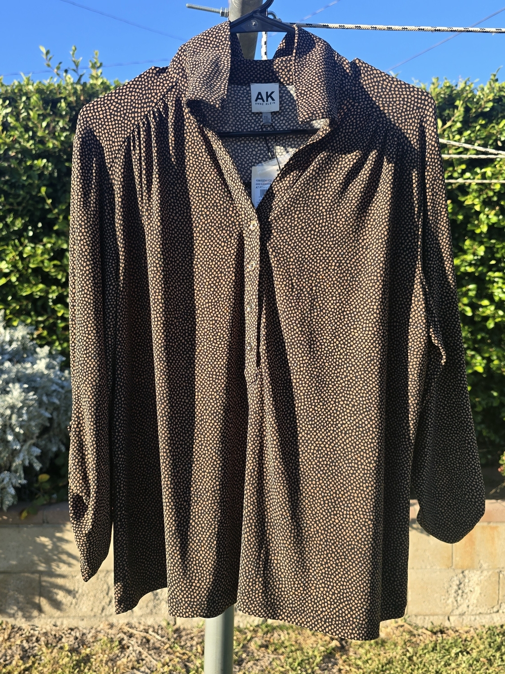 Anne Klein Brown Dot-Print Button-Front Blouse